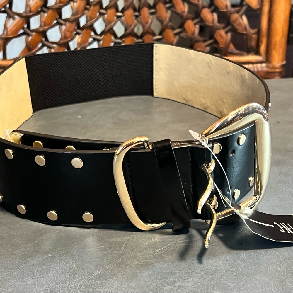 INC International Concepts Black and Gold Belt with Metal Buckle